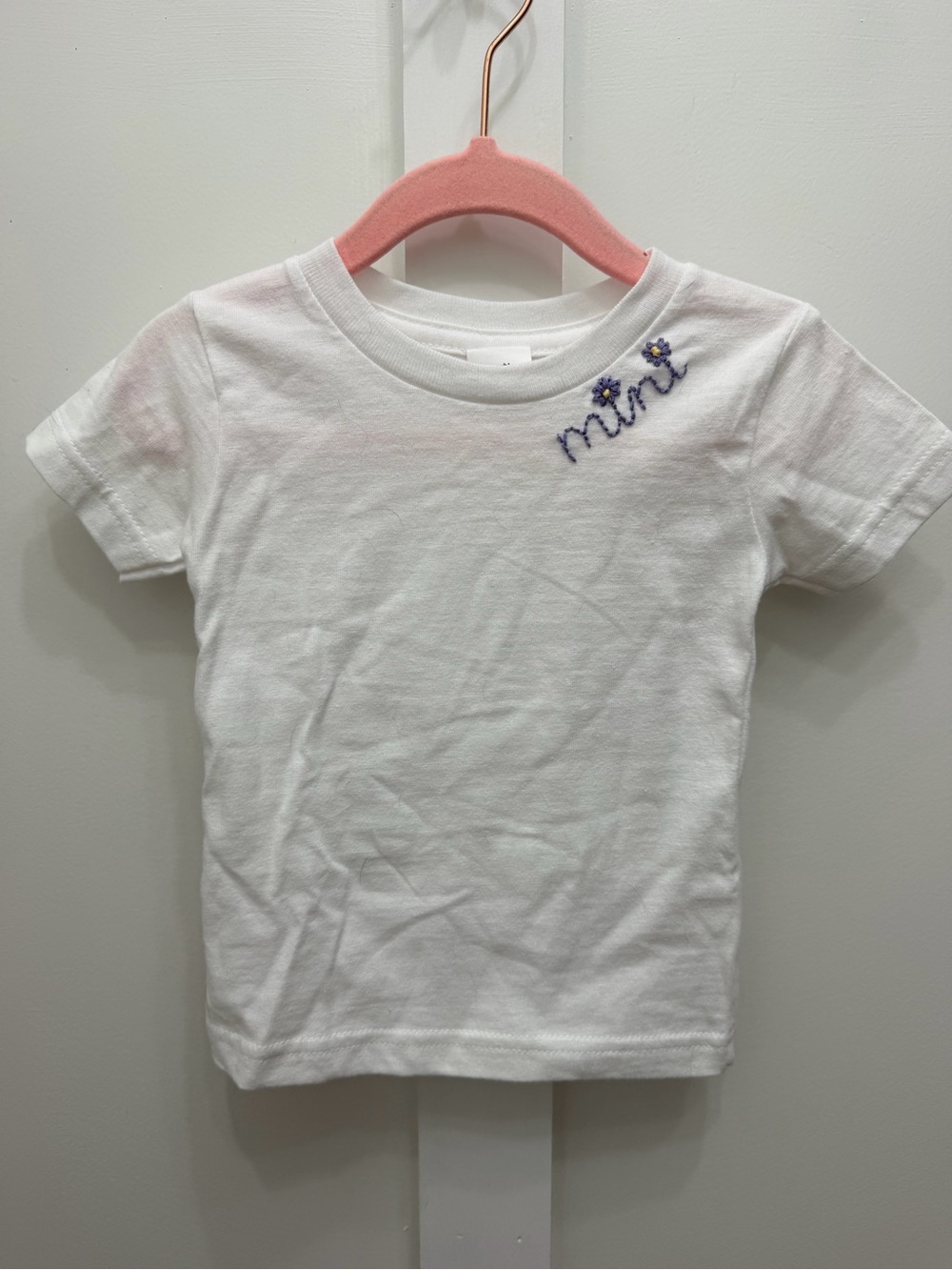 White Short-Sleeve Girls' Tee with Embroidered 'mini' Detail